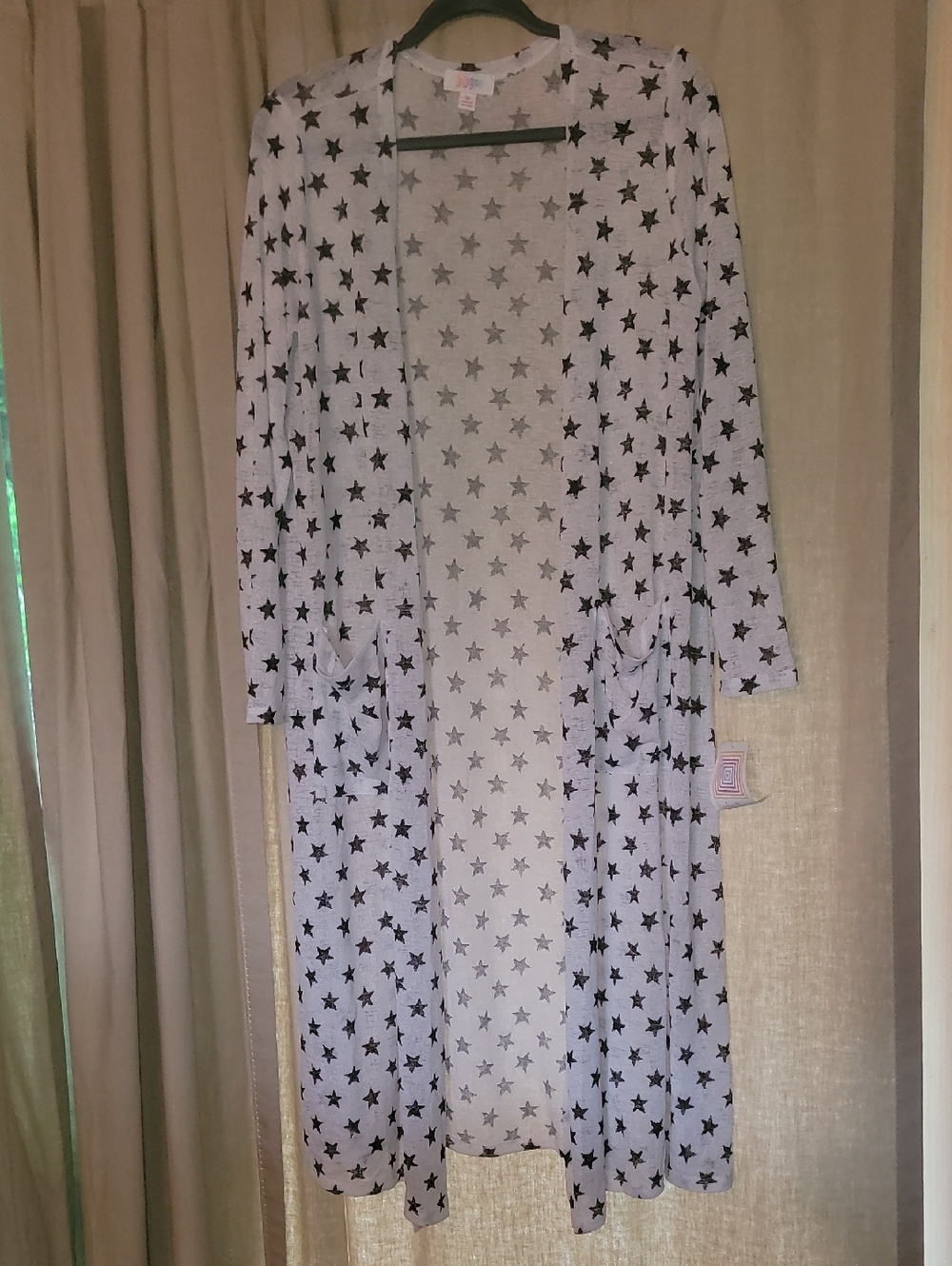LuLaRoe Sheer Sarah White Cardigan with Black Star Print